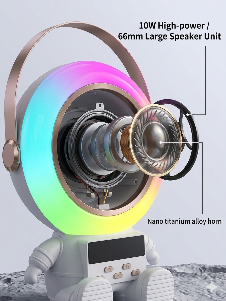 Parlante Bluetooth Astronauta Lunar XM-X66 – Kit Karaoke con 2 Micrófonos Inalámbricos, Luces RGB y Reloj Alarma