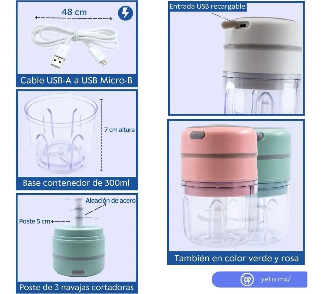 Picadora Eléctrica De Ajo USB Portátil Mini Procesador 100/250ml