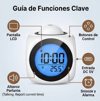 Reloj Despertador Digital con Proyección LED, Sensor de Temperatura y Función de Voz - Pantalla LCD con Retroiluminación