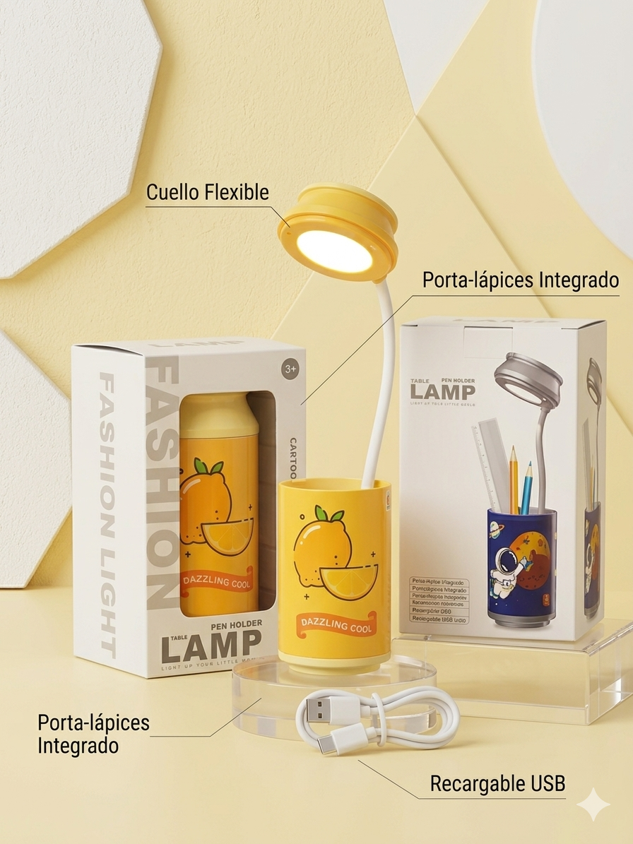 Mini Lámpara Porta-Lápices de Diseño Creativo Naranja | Luz de Lectura LED Ajustable Recargable | Organizador de Escritorio Estilo Coreano Kawaii
