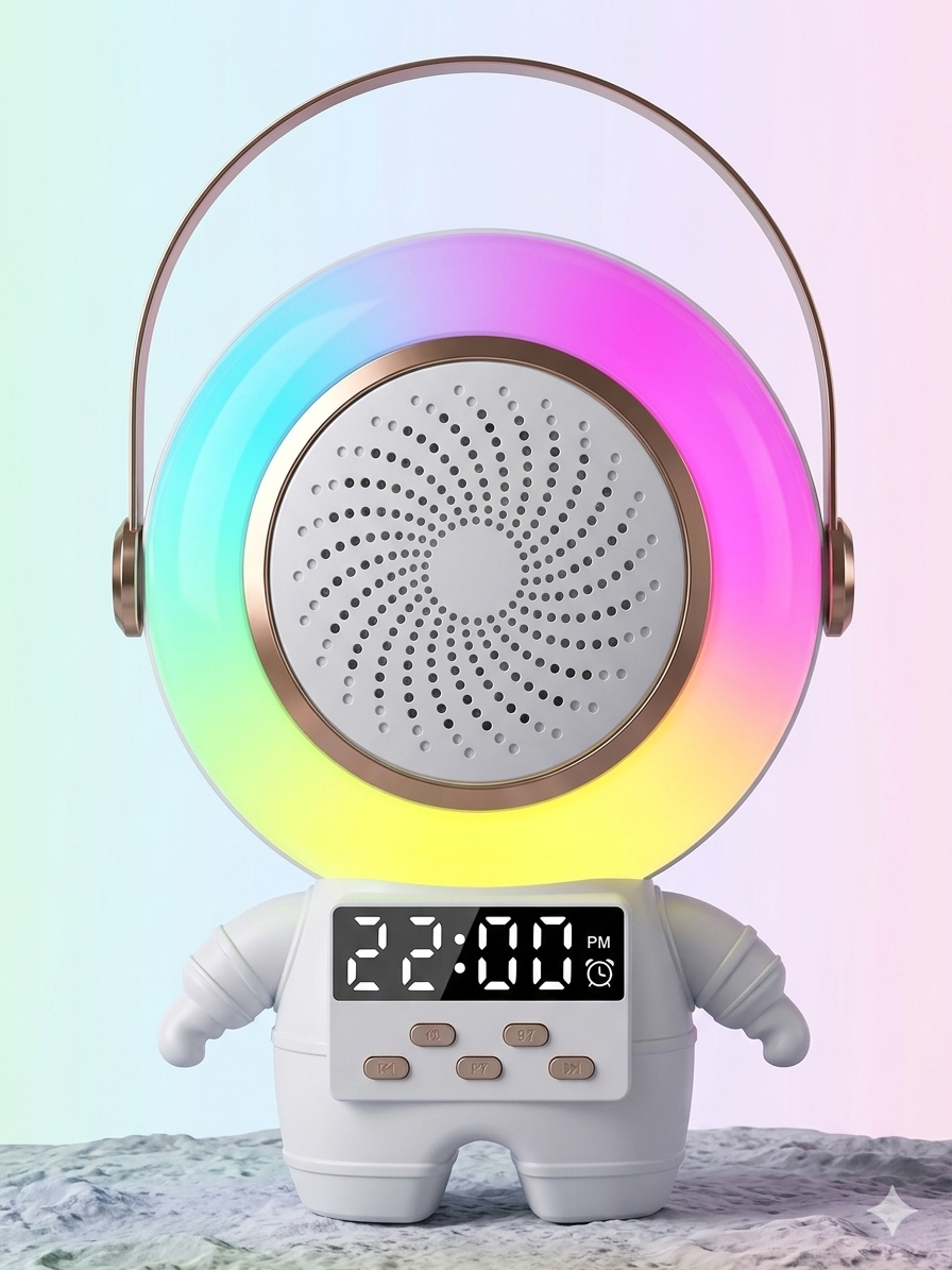 Parlante Bluetooth Astronauta Lunar XM-X66 – Kit Karaoke con 2 Micrófonos Inalámbricos, Luces RGB y Reloj Alarma