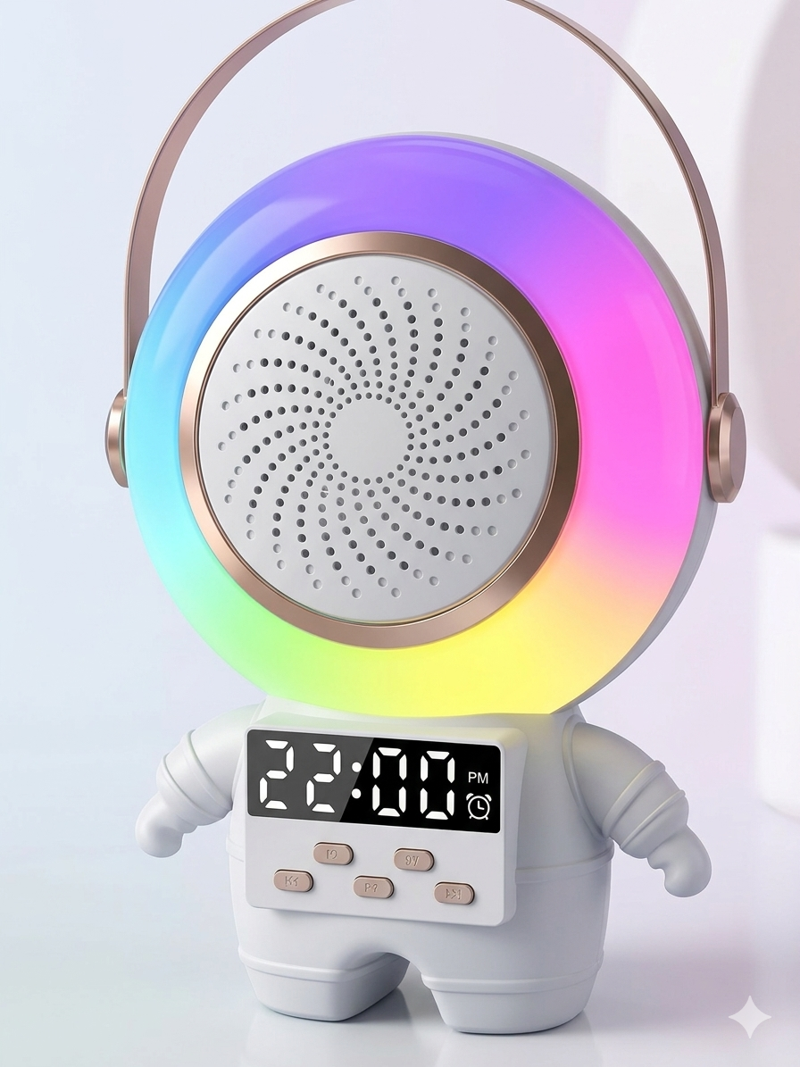 Parlante Bluetooth Astronauta Lunar XM-X66 – Kit Karaoke con 2 Micrófonos Inalámbricos, Luces RGB y Reloj Alarma