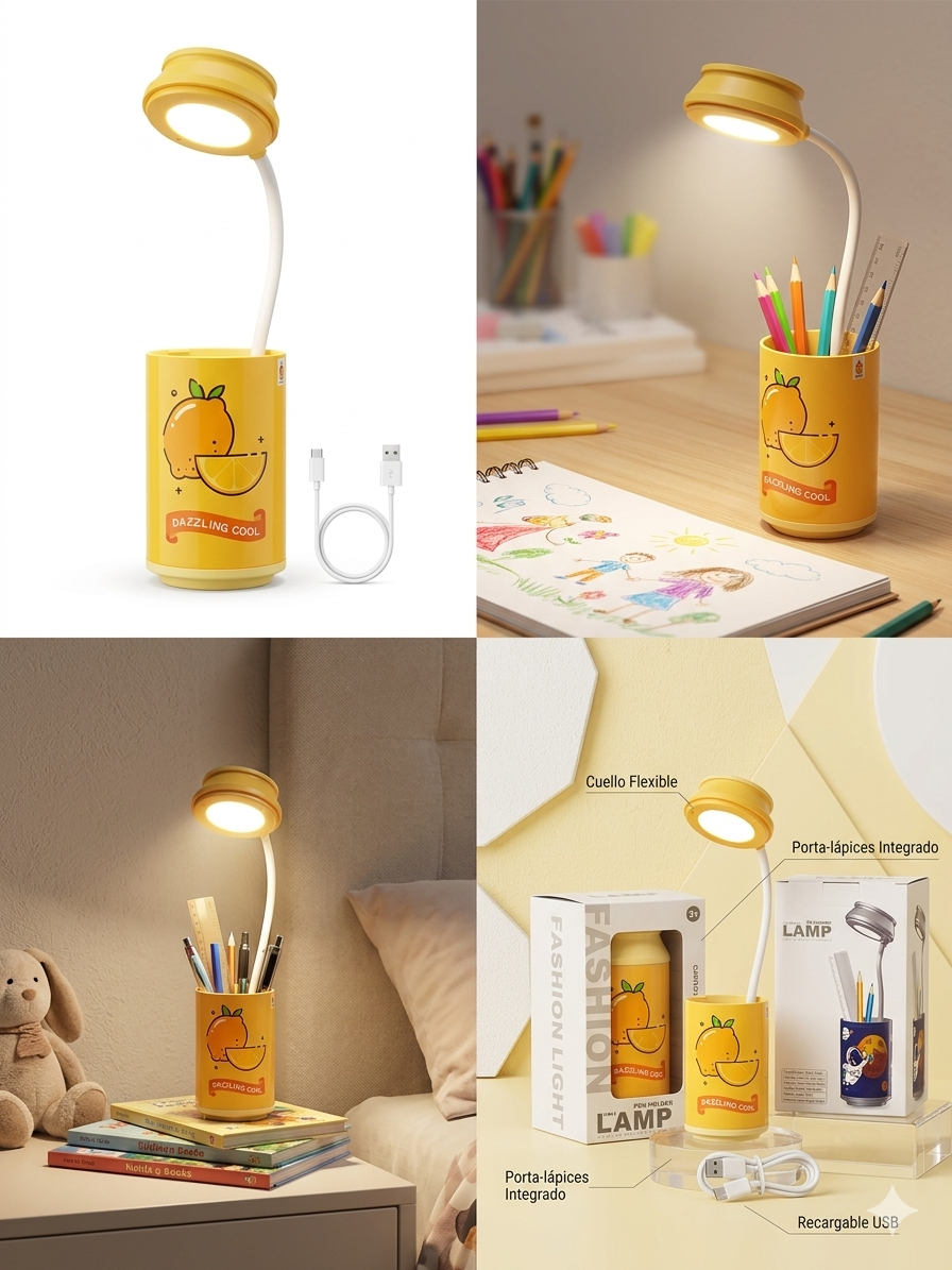 Mini Lámpara Porta-Lápices de Diseño Creativo Naranja | Luz de Lectura LED Ajustable Recargable | Organizador de Escritorio Estilo Coreano Kawaii