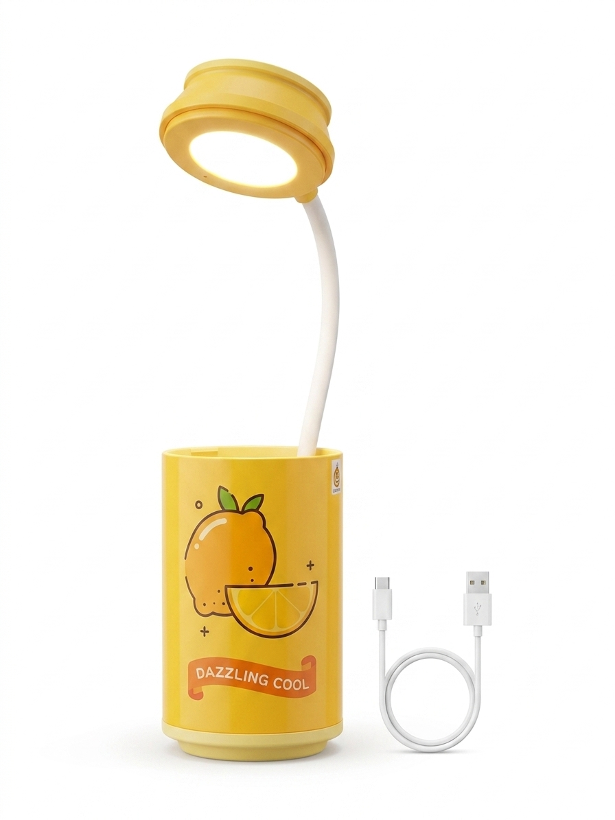 Mini Lámpara Porta-Lápices de Diseño Creativo Naranja | Luz de Lectura LED Ajustable Recargable | Organizador de Escritorio Estilo Coreano Kawaii