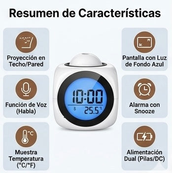 Reloj Despertador Digital con Proyección LED, Sensor de Temperatura y Función de Voz - Pantalla LCD con Retroiluminación
