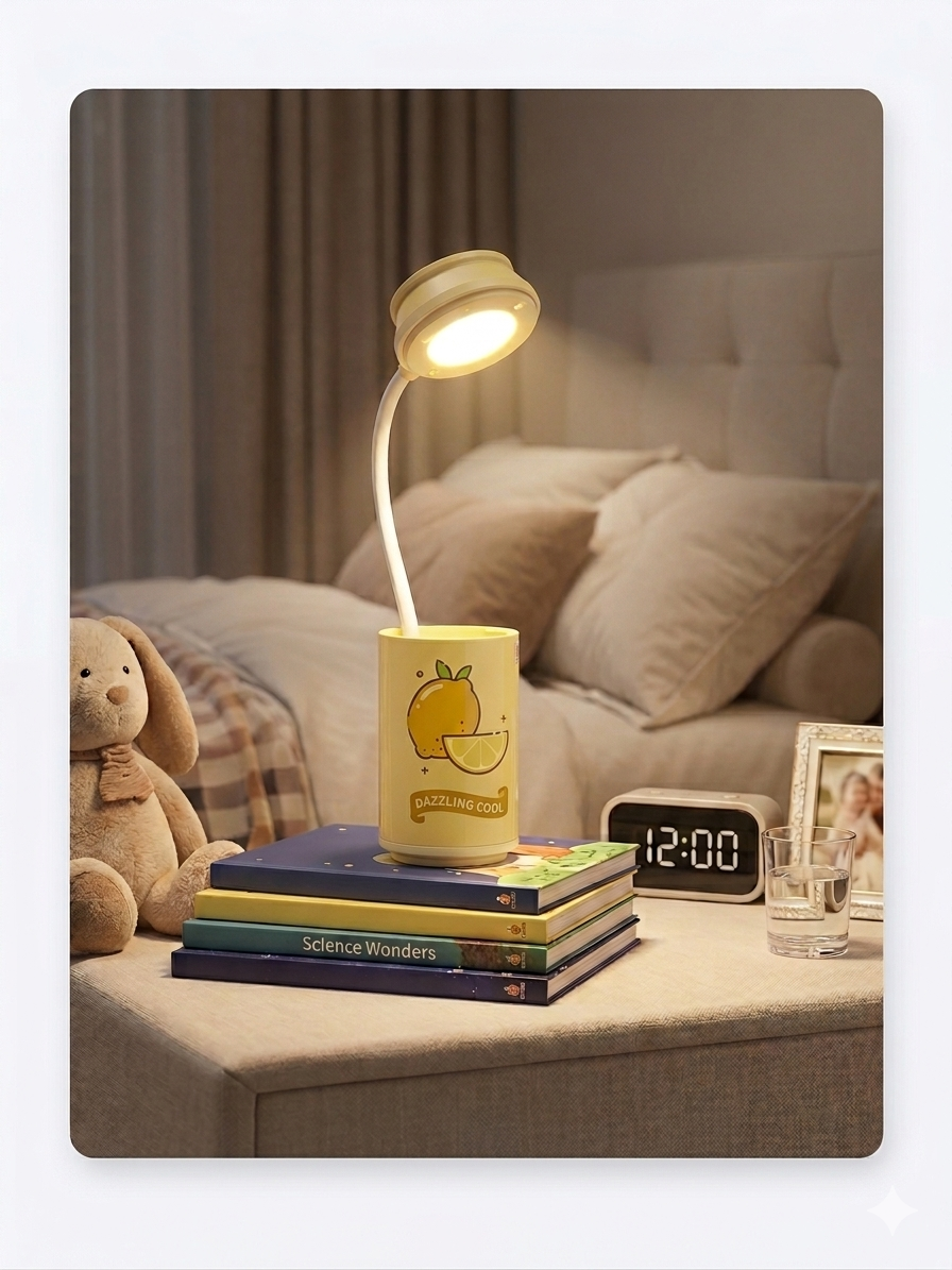Mini Lámpara Porta-Lápices de Diseño Creativo Naranja | Luz de Lectura LED Ajustable Recargable | Organizador de Escritorio Estilo Coreano Kawaii