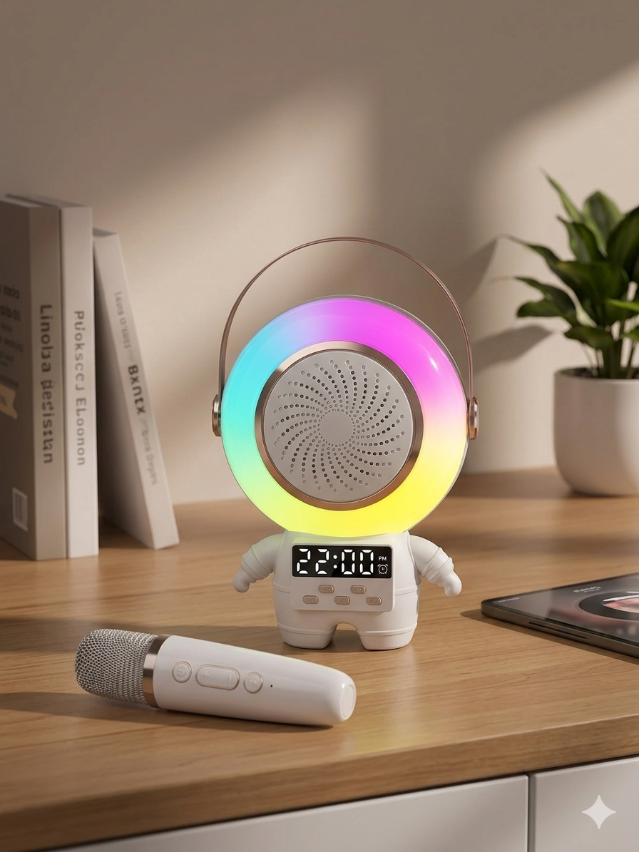 Parlante Bluetooth Astronauta Lunar XM-X66 – Kit Karaoke con 2 Micrófonos Inalámbricos, Luces RGB y Reloj Alarma
